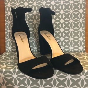 Sidecar Cutie Black Suede Ankle Strap Heels